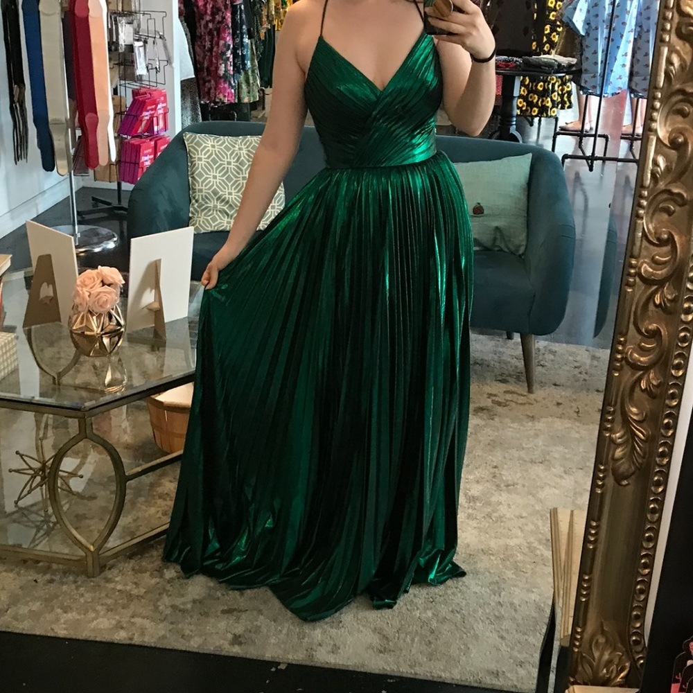 Cinderella Emerald Green Metallic Pleated Evening Gown